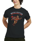 Närbild på man som bär Metallgutten t-shirt med vintage serietidnings-stil