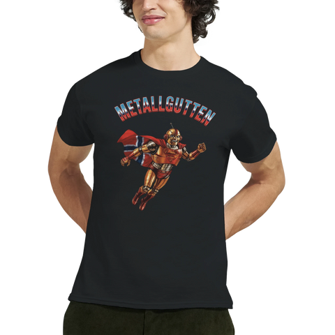Närbild på man som bär Metallgutten t-shirt med vintage serietidnings-stil