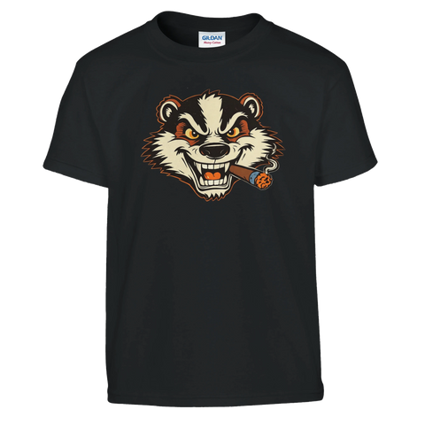 Svart barntröja med provokativ retro-illustration av maskoten Billy Badger