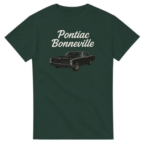 Pontiac Bonneville 1967 svart bil, vit text på mörkgrön t-shirt.