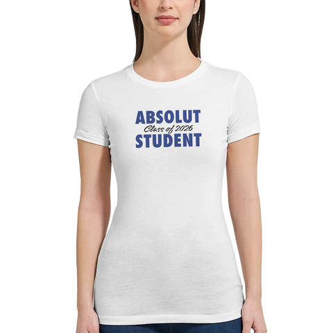 Absolut Student 2026-tryck i mörkblått på vit premium dam t-shirt.
