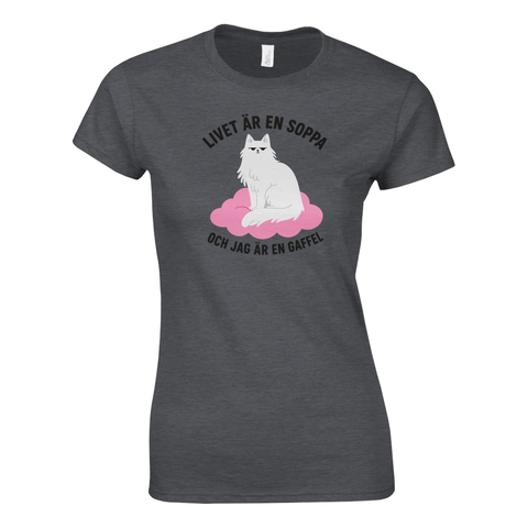 Mörkgrå t-shirt med illustrerad katt och roligt citat om livet och gafflar
