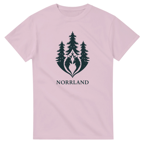 Minimalistisk naturdesign med norrländska granar och horn – rosa t-shirt