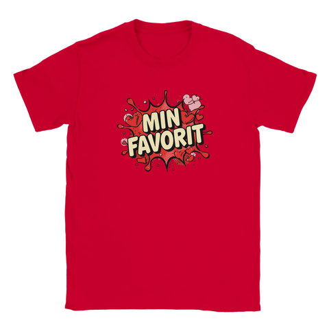 Röd t-shirt med handmålat popart-motiv och texten Min Favorit