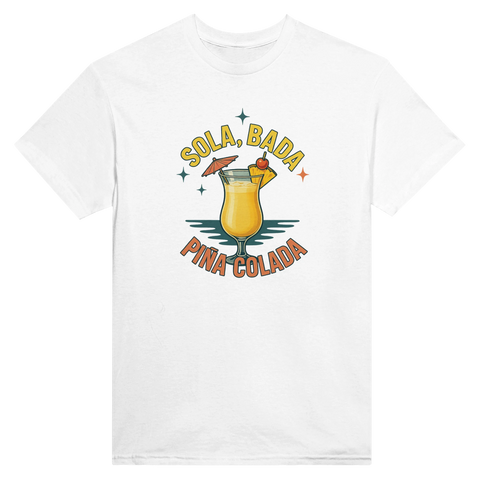 Vintage-inspirerat tryck med texten Sola Bada Piña Colada – grafisk t-shirt