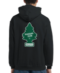 Svart hoodie med raggarsvin-motiv i form av en skogsfrisk doftgran