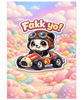 Panda i röd gokart med texten Fakk yo i pastellandskap – rolig poster