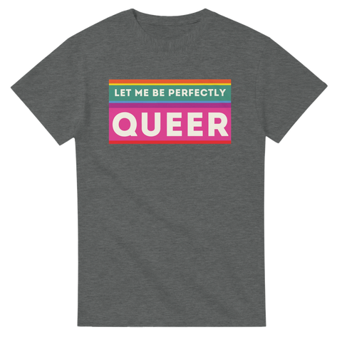 Regnbågsfärgad text "LET ME BE PERFECTLY QUEER" på en mörkgrå t-shirt.