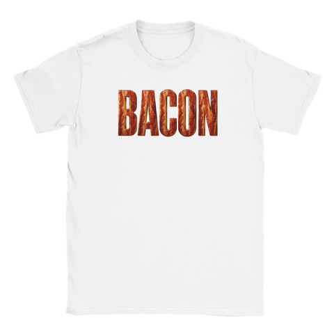 T-shirt med aptitretande bacon-illustration i form av fet typografi
