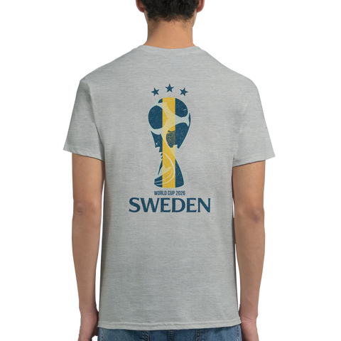 Sportigt tryck med texten Sweden och pokal-illustration på grå t-shirt