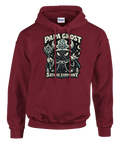 Vinröd hoodie med ockult Papa Ghost-illustration i kaxig cartoon-stil