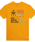 BBQ Timer-tryck med grill, text och ölglas på orange t-shirt.