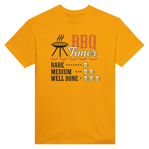 BBQ Timer-tryck med grill, text och ölglas på orange t-shirt.
