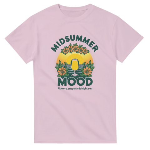 Somrig design med blommor och ett glas i kvällssol – rosa t-shirt med attityd