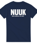 NUUK Make America Go Away, vit text på mörkblå t-shirt.