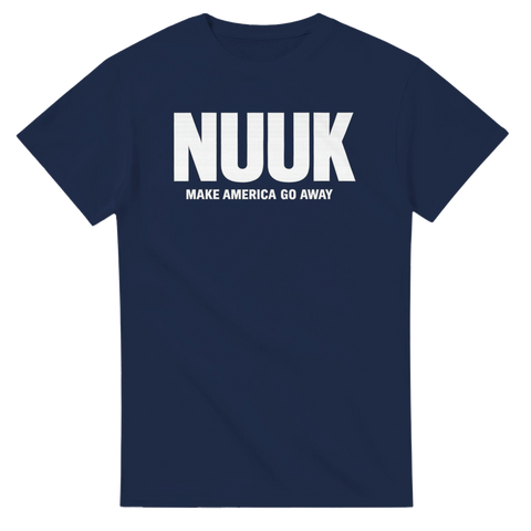 NUUK Make America Go Away, vit text på mörkblå t-shirt.