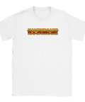 Grafiskt motiv av en hamburgare formad som text på vit t-shirt