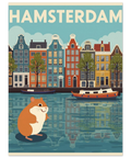 Illustration av färgglada kanalhus i Amsterdam med en söt brun hamster i förgrunden och texten Hamsterdam överst.