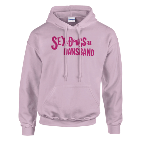 Sex, Drugs & Dansband" texttryck i rosa på ljuslila Gildan hoodie med dragsko och magficka.