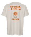 Beige t-shirt med minimalistisk illustration av en drink och orange text