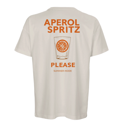 Beige t-shirt med minimalistisk illustration av en drink och orange text