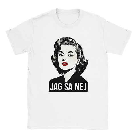 Svartvit pop art kvinna med röda läppar och texten "JAG SA NEJ" på vit t-shirt.