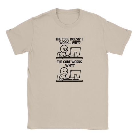 Beige t-shirt med minimalistisk serie om programmeringens mysterier
