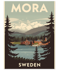 Vintage inspirerad affisch av Mora med skog och sjömotiv