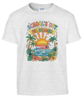 Tropiskt sommarlov-tryck i 70-talsstil på gråmelerad t-shirt för barn