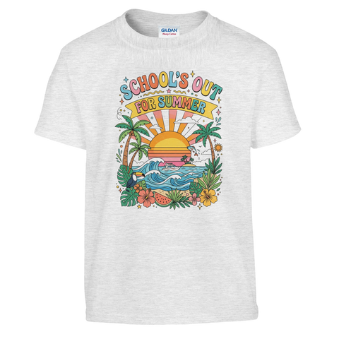 Tropiskt sommarlov-tryck i 70-talsstil på gråmelerad t-shirt för barn