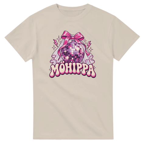T-shirt med rosa discokula, rosett, brudslöja och texten Möhippa