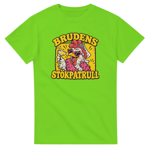 T-shirt till möhippa med texten Brudens stökpatrull och en höna med hjärtformade solglasögon, slöja och rosa boa