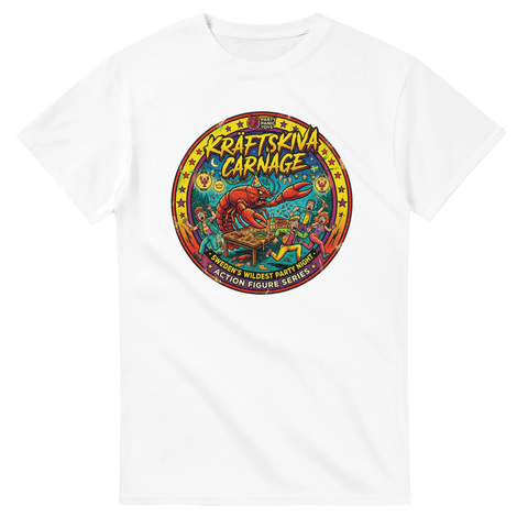 Retroillustration av en jättekräfta som attackerar en fest – vit t-shirt