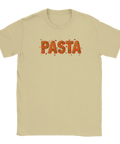 PASTA" text i spaghetti-stil med basilikablad och tomatsås på beige t-shirt.