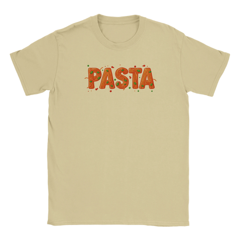 PASTA" text i spaghetti-stil med basilikablad och tomatsås på beige t-shirt.