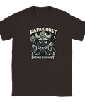 Mörkbrun t-shirt med Papa Ghost tryck – ockult cartoon med horn och spira