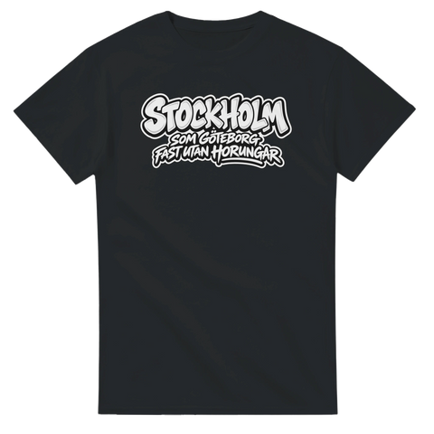 Graffitiliknande texttryck med kaxigt citat om Stockholm – grafisk t-shirt