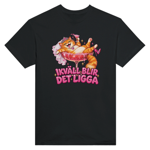 T-shirt med en katt i ett cocktailglas och texten Ikväll blir det ligga