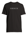 Stilren vit Grisch-text centrerad på en mörkbrun t-shirt i premiumkvalitet
