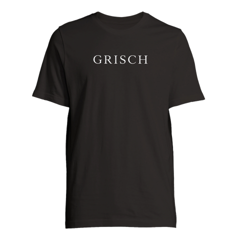 Stilren vit Grisch-text centrerad på en mörkbrun t-shirt i premiumkvalitet