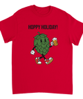 Rolig t-shirt med öltema och ordvitsen Hoppy Holiday på röd bakgrund
