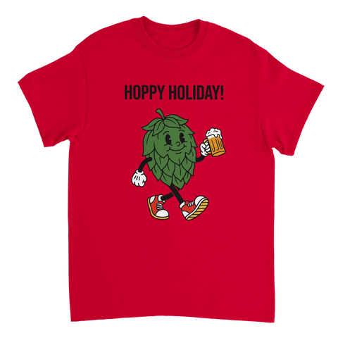 Rolig t-shirt med öltema och ordvitsen Hoppy Holiday på röd bakgrund