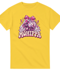 Gul t-shirt med texten ”Möhippa”, discokula, rosa rosett och brudslöja.
