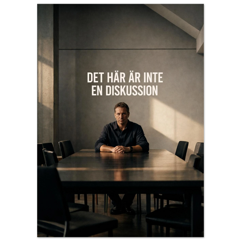 Närbild på en stilren textposter med budskap i vit typografi mot en mörk och filmisk bakgrund.
