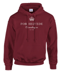 Vit krona och text ”For Helvede Copenhagen” på vinröd hoodie.