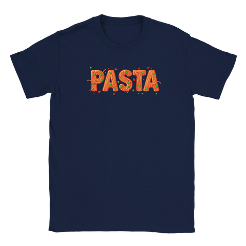 Marinblå t-shirt med ett kreativt och hungrigt statement-tryck av pasta