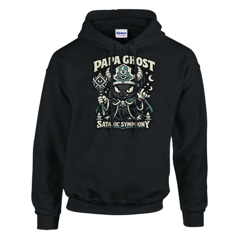 Svart hoodie med Papa Ghost-motiv och texten Satanic Symphony