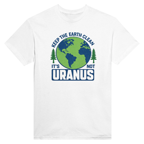 Vit t-shirt med grafiskt miljömotiv och ordvits om Uranus