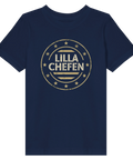 Mörkblå barn-t-shirt med en vintageinspirerad illustration av ett emblem för lilla chefen