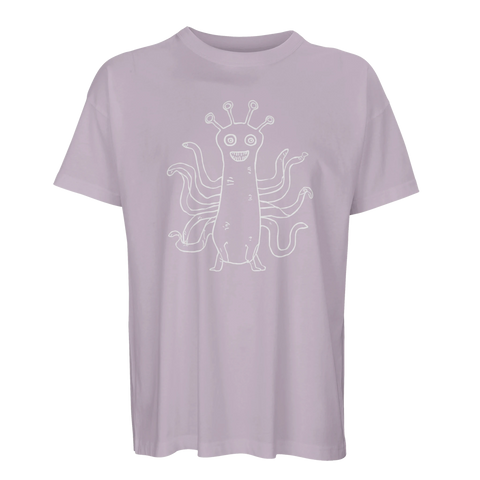 Surrealistiskt monstermotiv i vit kontur – lila oversized graphic tee